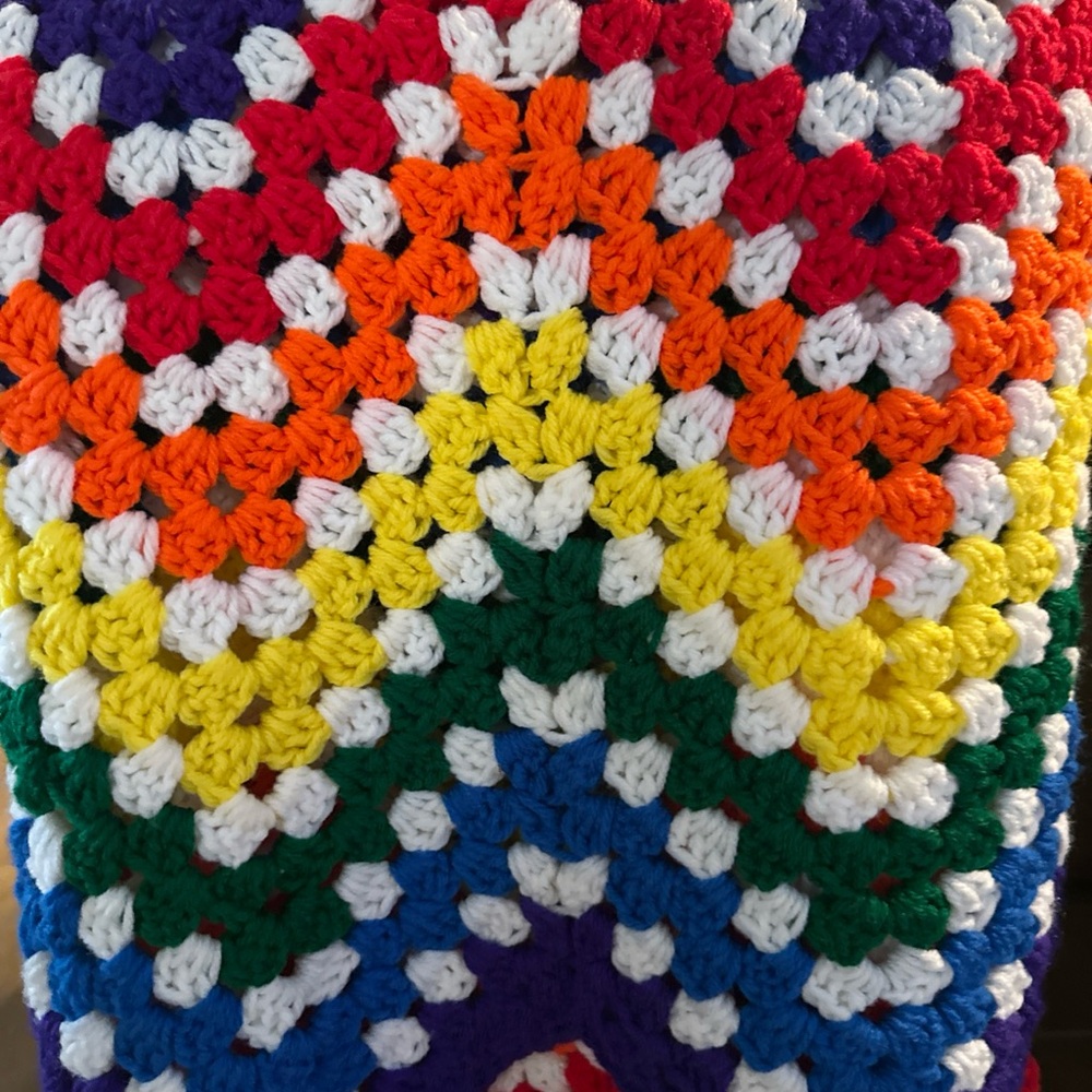 Rainbow Neon 70’s Afghan Granny Blanket Throw Scallop Edge 58x69 Handmade